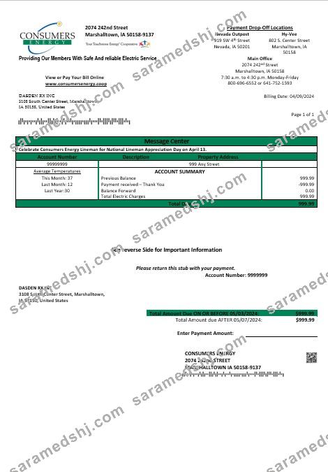 USA Iowa Consumers Energy business utility bill template in Word and PDF formats